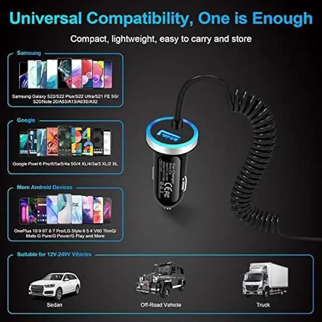 Alt view image 7 of 7 - USB C Car Charger, 3.4A Fast Car Charging Lighter Adapter+3ft Type C Coiled Cable for Samsung Galaxy S23 S23+ S23 Ultra A54 A14 A32 A13 A53 S22 S21 S20 S10 A02S A03S A12,LG Stylo 6 5 4,Pixel 7 6 5 4a