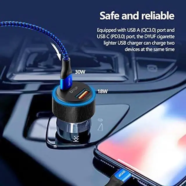 Alt view image 5 of 7 - DYUF USB C Car Charger 48W,Fast Car Charger Adapter,with 60W Type C Fast Charging Cable,Dual USB Port PD30W&QC3.0 18W Car Phone Charger,for Samsung Galaxy S22/S21/Ultra 5G,Note 20/10iPad Pro,Etc