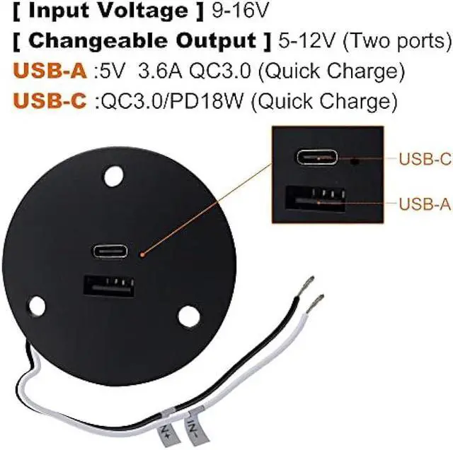 Alt view image 2 of 7 - Facon 12V RV USB Charger Socket, QC3.0 Quick Charger USB Type A + Type C PD 18W, Wall Mount RV USB Charging Port, for RV Trailer Camper Boat Marine Motorhome (Black)