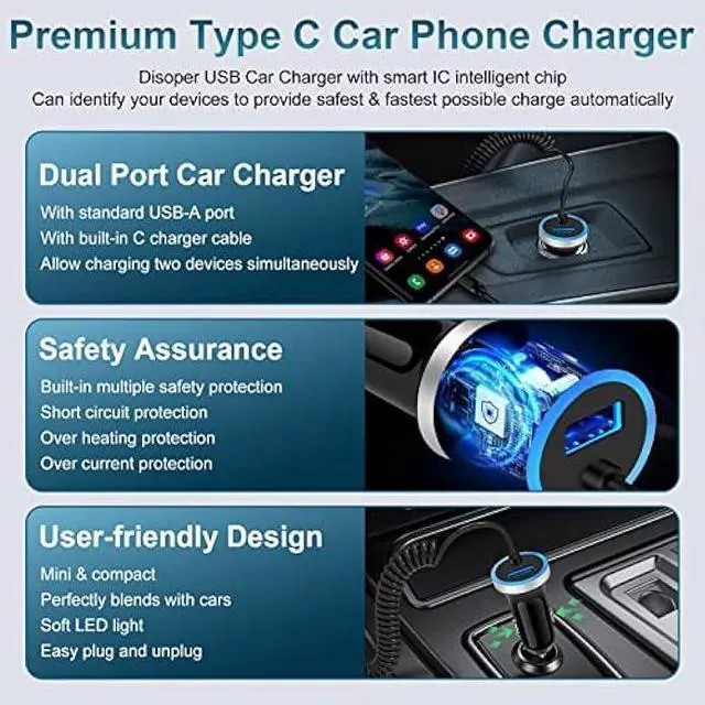 Alt view image 4 of 7 - USB C Samsung Fast Car Charger for Samsung Galaxy A14 A23 A54 Z Fold 4 Z Flip 4 A13 S23 S22 Ultra S21FE A53 S20 A03s;Google Pixel 7 Pro 6a 5a 6;3.4A Car Adapter Plug + 3ft Type C Android Charger Cable