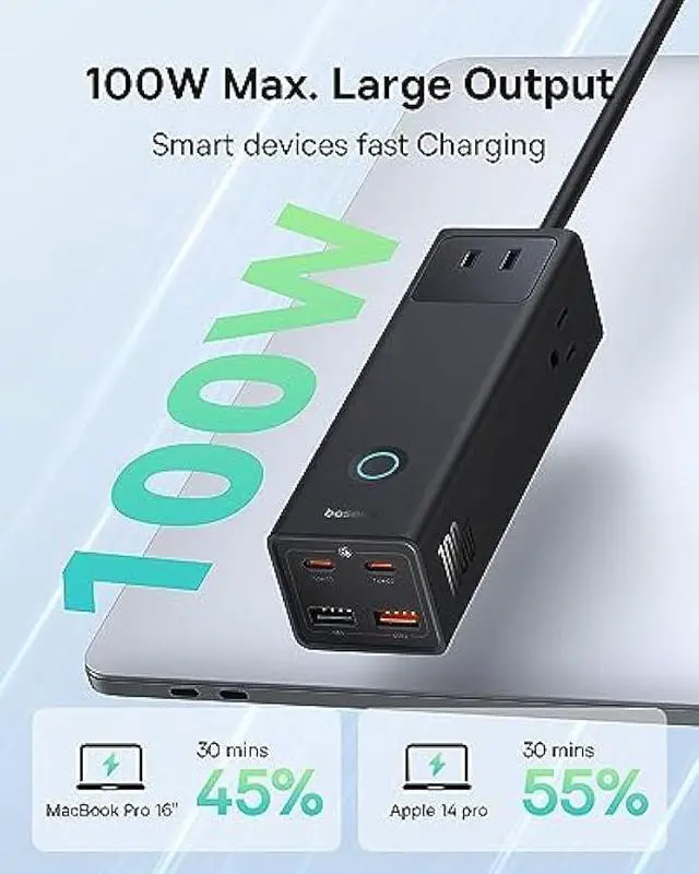 Alt view image 2 of 6 - Baseus Charging Station 100W, 7-Port USB C Charger Power Strip Surge Protector with 3 AC, 2 USB-C, 2 USB-A Ports, 5ft Cord, Fast Charging Desktop Charger for Laptop, MacBook, iPhone, Travel, Work