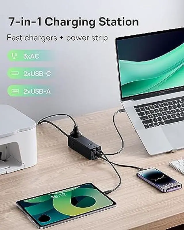 Alt view image 3 of 6 - Baseus Charging Station 100W, 7-Port USB C Charger Power Strip Surge Protector with 3 AC, 2 USB-C, 2 USB-A Ports, 5ft Cord, Fast Charging Desktop Charger for Laptop, MacBook, iPhone, Travel, Work