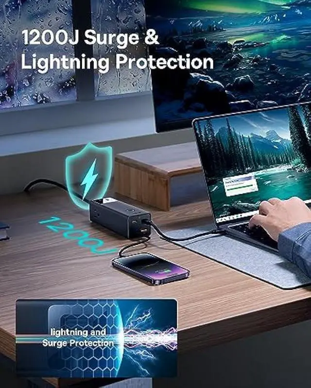 Alt view image 4 of 6 - Baseus Charging Station 100W, 7-Port USB C Charger Power Strip Surge Protector with 3 AC, 2 USB-C, 2 USB-A Ports, 5ft Cord, Fast Charging Desktop Charger for Laptop, MacBook, iPhone, Travel, Work