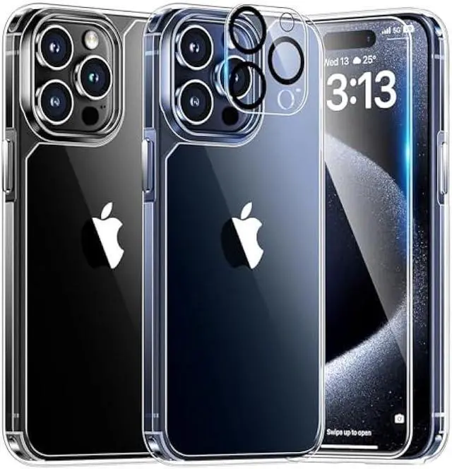 Main image of TAURI 5 in 1 for iPhone 15 Pro Max Case Crystal Clear, [Not-Yellowing & Military Drop Defense] with 2X Screen Protector+2X Camera Lens Protector+1X Magnetic Ring, Slim Shockproof Phone Case 6.7 inch