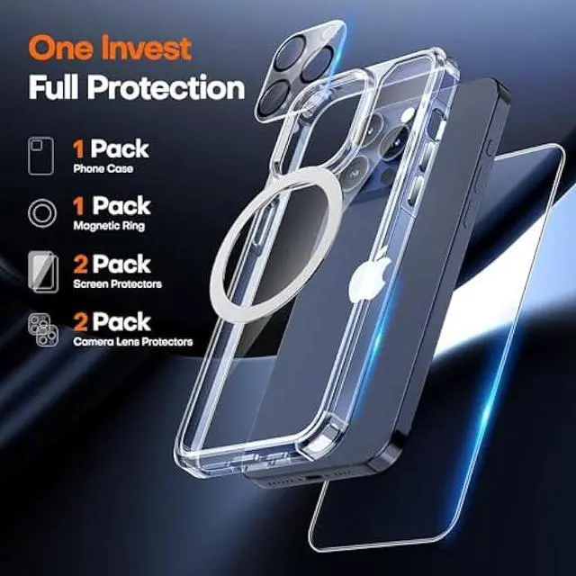 Alt view image 3 of 6 - TAURI 5 in 1 for iPhone 15 Pro Max Case Crystal Clear, [Not-Yellowing & Military Drop Defense] with 2X Screen Protector+2X Camera Lens Protector+1X Magnetic Ring, Slim Shockproof Phone Case 6.7 inch