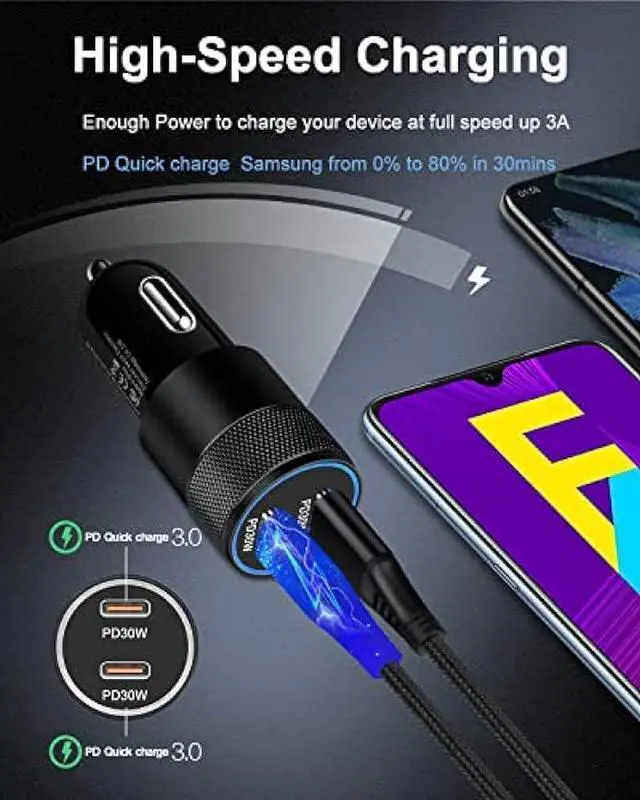 Alt view image 2 of 7 - 60w Super Fast USB C Car Charger for iPhone 15 Pro Max, 2pack Car Lighter Adapter Pd C to C Cable Quick Charging Type C Cords Dual Port Usbc Cigarette Cargador Auto for Samsung S23 Ultra S23+ S22 S21