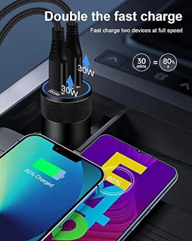 Alt view image 6 of 7 - 60w Super Fast USB C Car Charger for iPhone 15 Pro Max, 2pack Car Lighter Adapter Pd C to C Cable Quick Charging Type C Cords Dual Port Usbc Cigarette Cargador Auto for Samsung S23 Ultra S23+ S22 S21