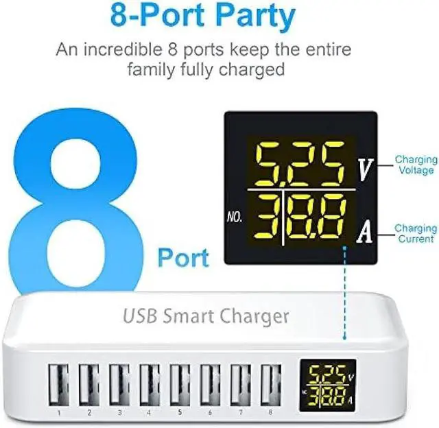 Alt view image 2 of 6 - USB Charging Station, Ziwodiv 8-Port 60W/12A USB Charger Station, Multi Ports USB-A Charging Hub with LED Display, Compact Desktop Charger for Multiple Devices, iPhone iPad Samsung Android and Tablet
