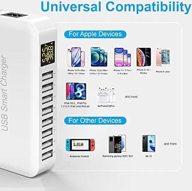 Alt view image 3 of 6 - USB Charging Station, Ziwodiv 8-Port 60W/12A USB Charger Station, Multi Ports USB-A Charging Hub with LED Display, Compact Desktop Charger for Multiple Devices, iPhone iPad Samsung Android and Tablet
