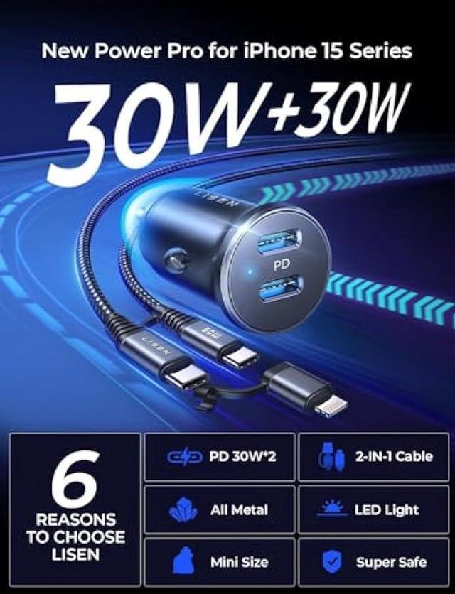 LISEN Certified for iPhone 15 Car Charger Fast Charging, 30W+30W Dual USB C  Car Charger All Metal iPad car Charger with Type C to Type C/Lightning Cord  Quick Car Charger for iPhone