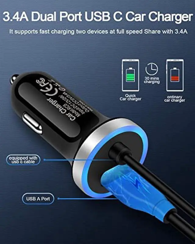 Alt view image 3 of 7 - Cell Phone Car Charger for Samsung Galaxy A53 A13 A13 A24 A03s A73 A71 A50 A23 S23 S22 Ultra S21 S20 A51 iPhone 15, USB C Cigarette Lighter Adapter Usbc Cord Fast Charging Typec Cargador Cable Auto