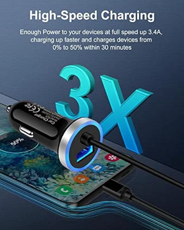 Alt view image 4 of 7 - Cell Phone Car Charger for Samsung Galaxy A53 A13 A13 A24 A03s A73 A71 A50 A23 S23 S22 Ultra S21 S20 A51 iPhone 15, USB C Cigarette Lighter Adapter Usbc Cord Fast Charging Typec Cargador Cable Auto