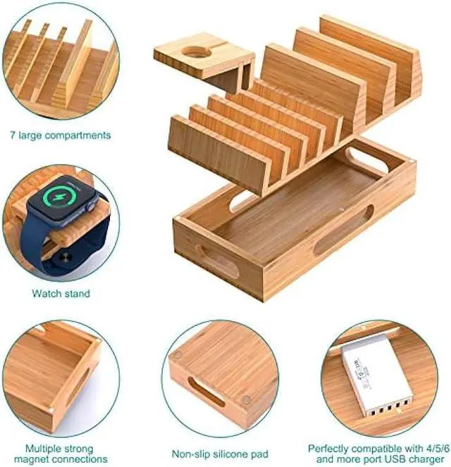 Alt view image 2 of 6 - Pezin & Hulin Bamboo Charging Station Organizer for Multiple Devices & Wood Desktop Docking Charging Stand Such As Cell Phone, Tablets, Phone Case and Watch Stand (No USB Charger)
