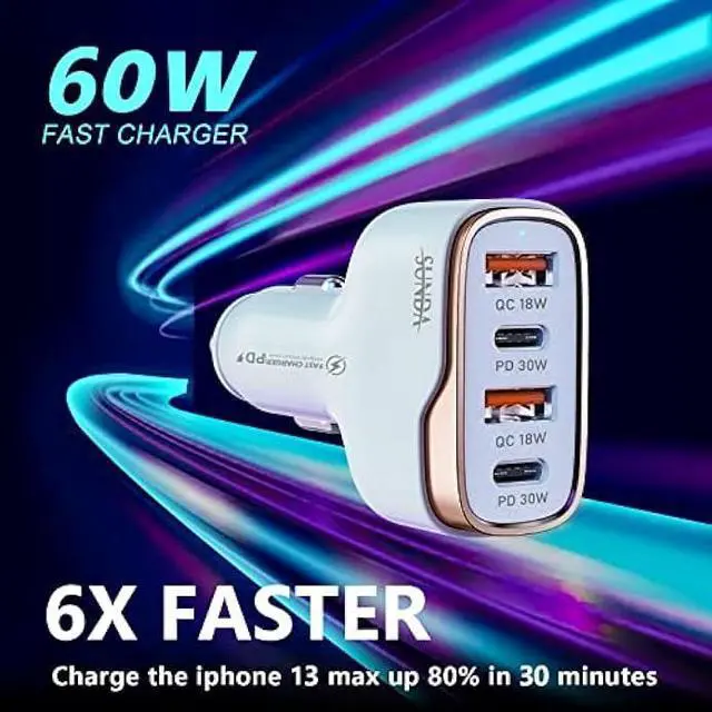 Alt view image 3 of 5 - SUNDA 60W USB C Fast Car Charger, 4-Ports Car Charger Adapter, Dual Type C PD30W/PPS30W Compatible with iPhone16/15 Pro/Max/iPhone14/iPad Pro/Galaxy/SamsungS24, Dual USB-A 18W QC3.0 for Android