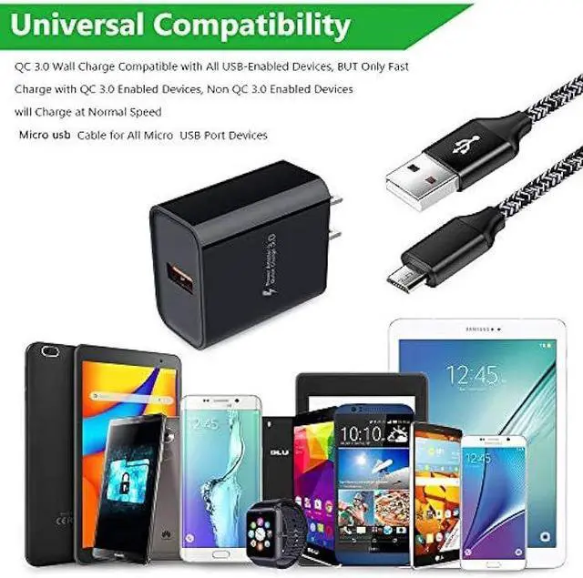 Alt view image 6 of 6 - Quick Charge 3.0 Fast Charging Block Wall Charger with 3ft Micro USB Cable Android Fast Charger for Samsung Galaxy S7 S6 Edge A10 A9 A6 J7 J3,LG Stylo 3 2 K30,Moto E7 E6S E6 E5 E4 G5S G4,Kindle fire