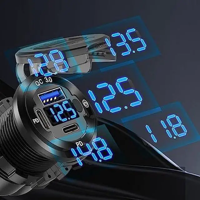 Alt view image 4 of 7 - 12V USB Car Socket Round USB C 12V Outlet, 3-Port Marine USB Fast Charger Waterproof Cigarette Outlet USB Replacement Aluminum with Switch & Voltmeter, Suitable for Boat Golf Cart RV Motorcycle Truck