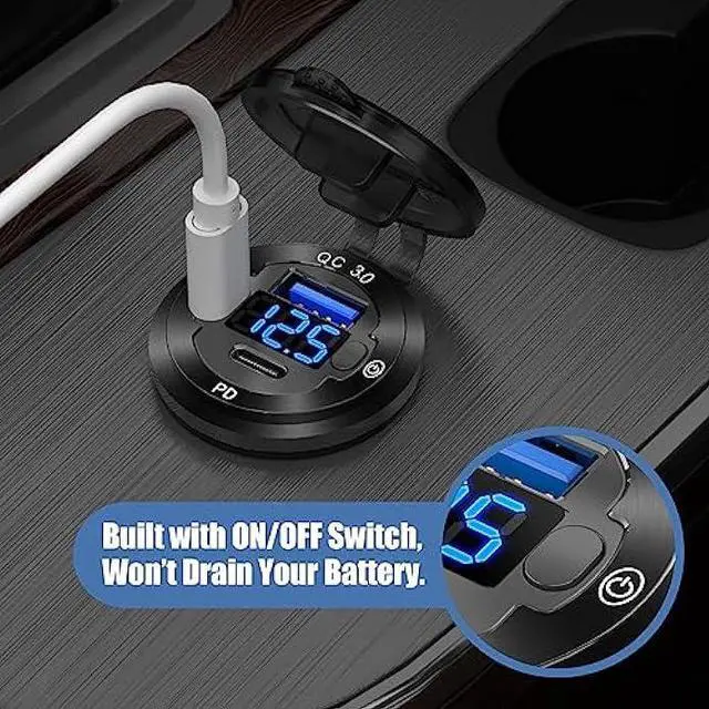 Alt view image 5 of 7 - 12V USB Car Socket Round USB C 12V Outlet, 3-Port Marine USB Fast Charger Waterproof Cigarette Outlet USB Replacement Aluminum with Switch & Voltmeter, Suitable for Boat Golf Cart RV Motorcycle Truck