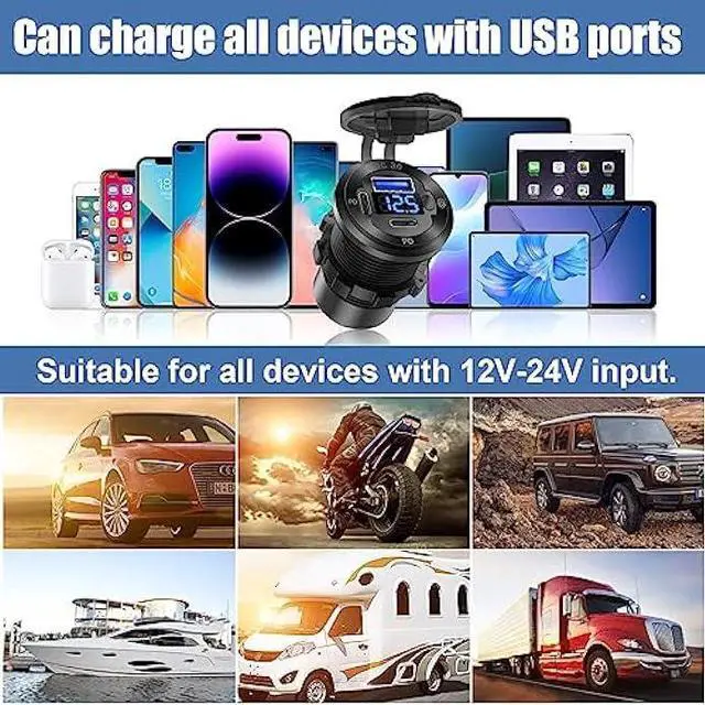 Alt view image 7 of 7 - 12V USB Car Socket Round USB C 12V Outlet, 3-Port Marine USB Fast Charger Waterproof Cigarette Outlet USB Replacement Aluminum with Switch & Voltmeter, Suitable for Boat Golf Cart RV Motorcycle Truck