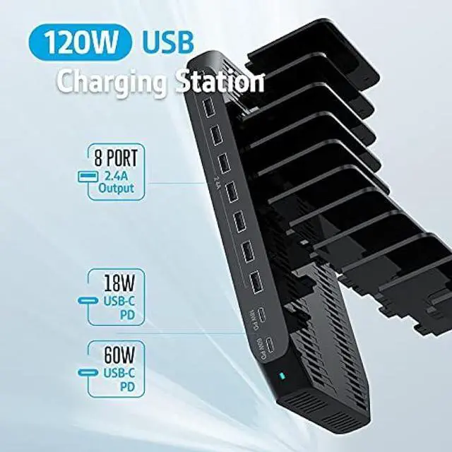 Alt view image 4 of 6 - USB PD Charging Station, Unitek 120W 10-Port Type-C Charging Station with 2 Power Delivery for Multiple Devices, Double Fast Charging for MacBook Pro/Air, iPad Pro, Pixel, iPhone, Galaxy and More