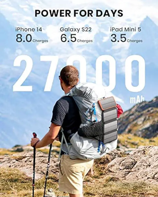 Alt view image 3 of 6 - Hiluckey Solar Charger 27000mAh Power Bank 22.5W Fast Charging Portable Phone Charger with 4 Solar Panels USB C PD External Battery Pack with 3 USB Outputs for Cellphone Tablet