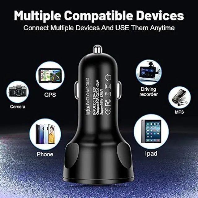 Alt view image 7 of 7 - Car Charger Fast Charge,66W SCP/QC3.0 Cell Phone Charger,Cigarette Lighter USB Charger with Voltage Detection Compatible for iPhone 14 Pro MAX/13,MacBook Pro,iPad Pro,Switch,Galaxy S22/S21