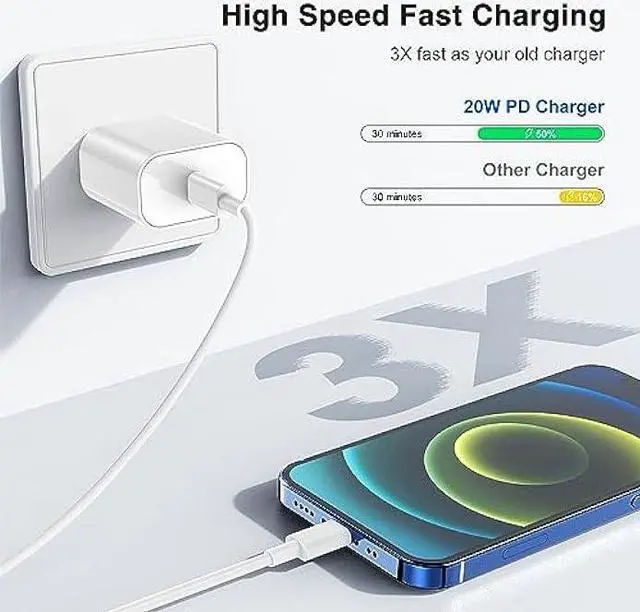 Alt view image 2 of 7 - 3 Pack 20w iPhone 14 13 12 Fast Charger Block Adapter, USB C Wall Charger with USB C to Lightning Charging Cable Cord 6 feet Compatible with iPhone 14 13 12 11 Pro Max MiniWhite