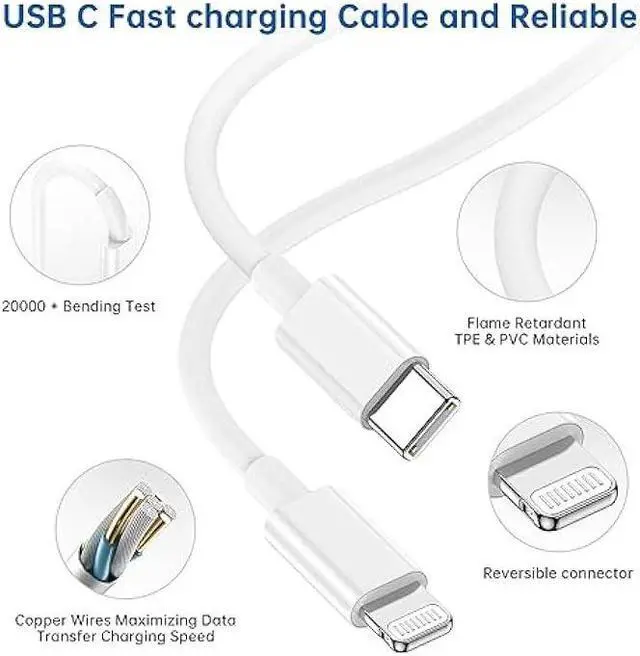 Alt view image 5 of 7 - 3 Pack 20w iPhone 14 13 12 Fast Charger Block Adapter, USB C Wall Charger with USB C to Lightning Charging Cable Cord 6 feet Compatible with iPhone 14 13 12 11 Pro Max MiniWhite
