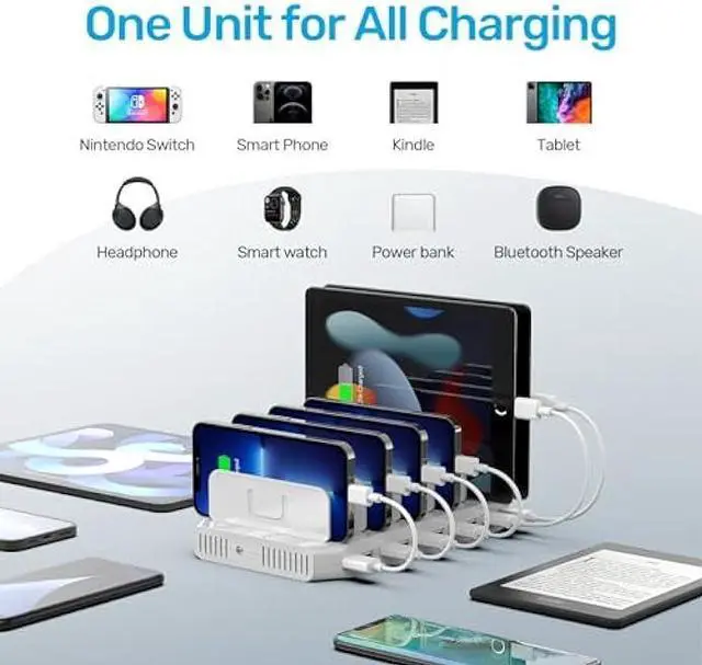 Alt view image 3 of 6 - Unitek Multi Charging Station, 10-Port USB Charger for Multiple Device with SmartIC Tech and Adjustable Dividers, Organizer Stand Compatible with iPad, Tablet, Kindle, iPhone