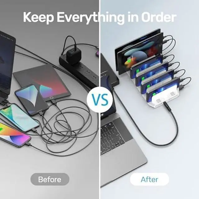 Alt view image 4 of 6 - Unitek Multi Charging Station, 10-Port USB Charger for Multiple Device with SmartIC Tech and Adjustable Dividers, Organizer Stand Compatible with iPad, Tablet, Kindle, iPhone