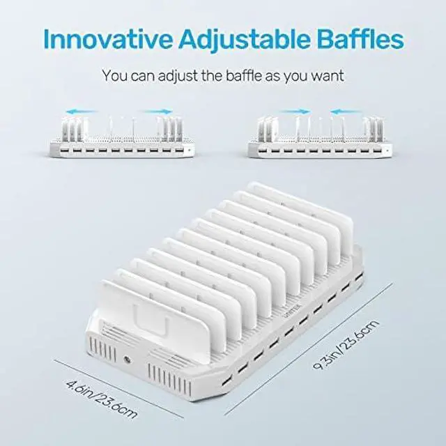 Alt view image 6 of 6 - Unitek Multi Charging Station, 10-Port USB Charger for Multiple Device with SmartIC Tech and Adjustable Dividers, Organizer Stand Compatible with iPad, Tablet, Kindle, iPhone