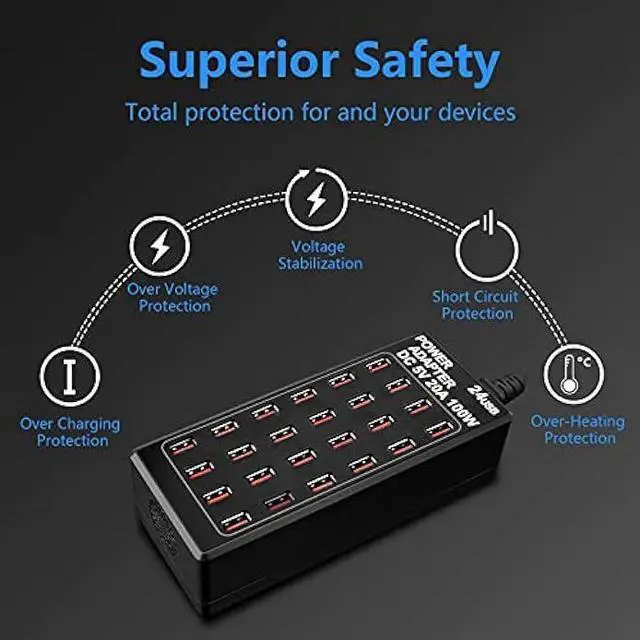 Alt view image 3 of 6 - 24-Port 100 watt (20 A) USB Charging Station, Home Desktop USB Fast Charger, Multiple USB Desktop Chargers, Suitable for Hotels, Shops, Schools, Shopping malls and Travel
