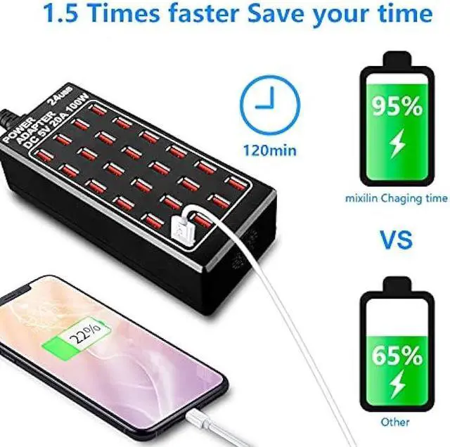 Alt view image 5 of 6 - 24-Port 100 watt (20 A) USB Charging Station, Home Desktop USB Fast Charger, Multiple USB Desktop Chargers, Suitable for Hotels, Shops, Schools, Shopping malls and Travel