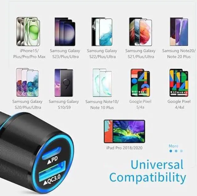 Alt view image 4 of 7 - Meagoes USB C Car Charger, 48W 2-Port Fast Charging Adapter with PD&QC3.0 Compatible for iPhone 15 Pro Max/Samsung Galaxy S23/S22/S21/S20 Plus/Ultra/S10/Note 20/10, iPad Pro, Google-3.3ft Type C Cord