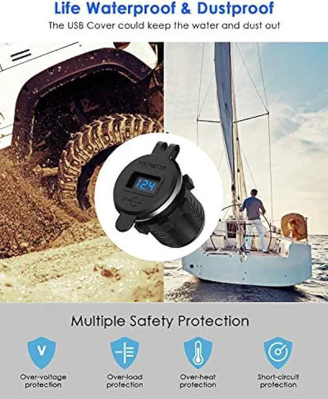 Alt view image 5 of 7 - 12V USB Outlet, Ollcuz 12V/24V 36W Aluminum Waterproof Dual QC3.0 USB Fast Charger Socket Power Outlet Adapter w/LED Digital Voltmeter for Car, Marine, Boat, Motorcycle, Truck, Golf Cart, etc