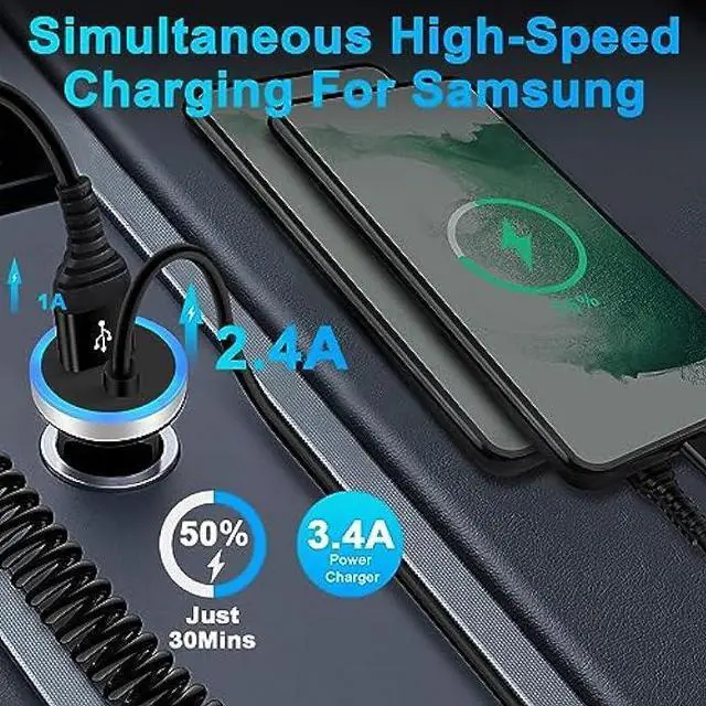 Alt view image 2 of 7 - Android Car Charger Fast Charging Cord Type C Cigarette Lighter Adapter with Android USB C Coiled Cable for Samsung Galaxy A14 5G A54 A24 A34 A53 A23 A13 A32 A52 Z Flip 4/3 Z Fold 4/3 S23 S22 S21 S20