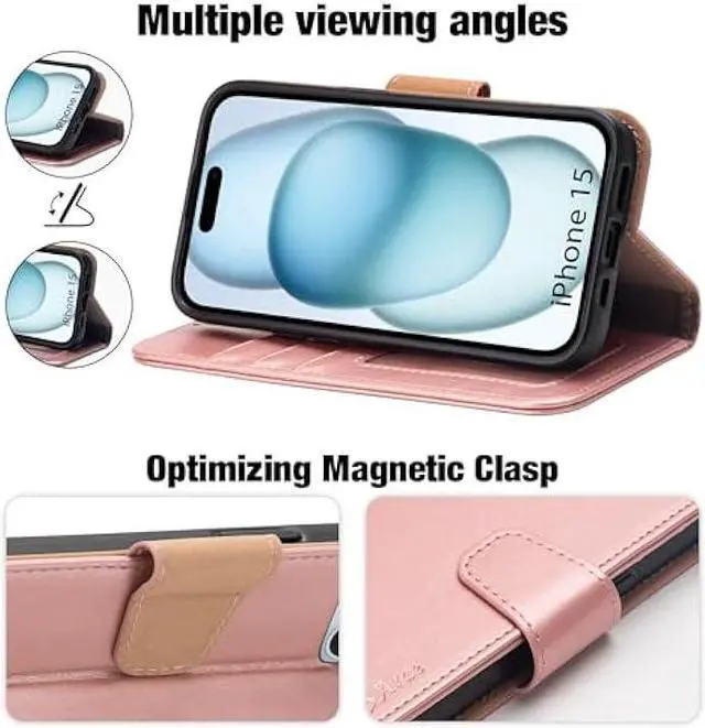 Alt view image 3 of 6 - Arae Compatible with iPhone 15 Case with Card Holder and Wrist Strap Wallet Flip Cover for iPhone 15 6.1 inch,Rose Gold