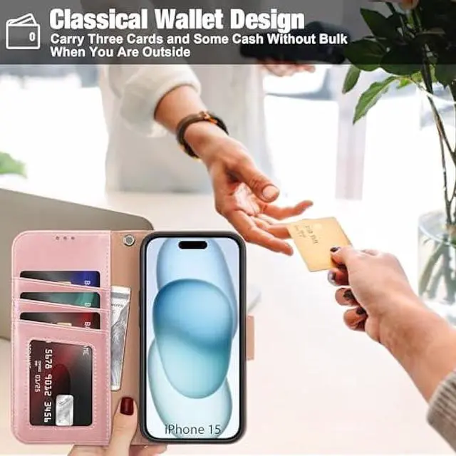 Alt view image 4 of 6 - Arae Compatible with iPhone 15 Case with Card Holder and Wrist Strap Wallet Flip Cover for iPhone 15 6.1 inch,Rose Gold