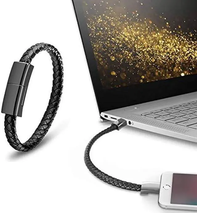 Alt view image 2 of 6 - GVUSMIL USB Leather Charging Braided Bracelets for iPhone, Hematite Metal and Black Leather