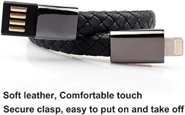 Alt view image 3 of 6 - GVUSMIL USB Leather Charging Braided Bracelets for iPhone, Hematite Metal and Black Leather
