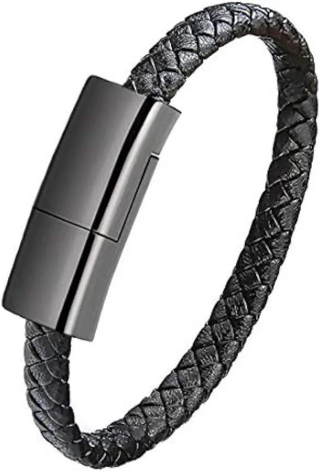Main image of GVUSMIL USB Leather Charging Braided Bracelets for iPhone, Hematite Metal and Black Leather