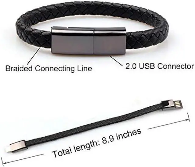Alt view image 4 of 6 - GVUSMIL USB Leather Charging Braided Bracelets for iPhone, Hematite Metal and Black Leather