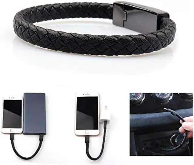 Alt view image 5 of 6 - GVUSMIL USB Leather Charging Braided Bracelets for iPhone, Hematite Metal and Black Leather