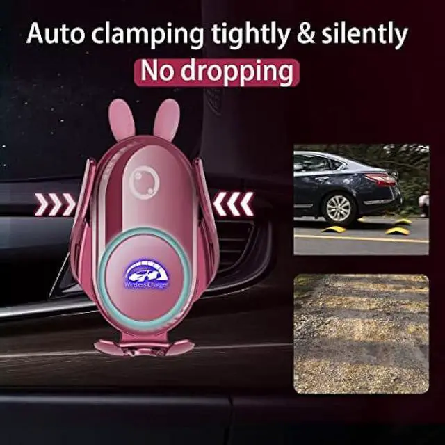 Alt view image 3 of 5 - Car Phone Holder Mount Wireless Charging Auto Clamping Rotatable Vent Clip Cute Pink Rabbit Woman for iPhone Samsung Andriod Phone