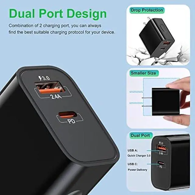 Alt view image 2 of 7 - 20W USB C Fast Charger+Quick Fast Charger 3.0 Wall Charger, Bangfun 5 Pack Dual Port PD Fast Charging Block Power Adapter Compatible iPhone 15/14/13/12/11 Pro Max/XS/SE/8/7 Plus, Samsung S20 (Black)