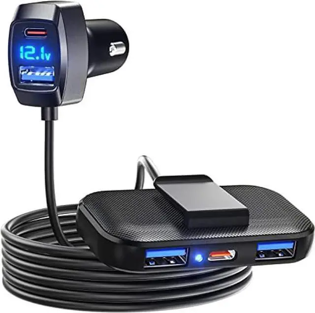 Main image of LENCENT 5 Multi Ports Type C Car Charger, 31W USB C Charger Adapter, Compatible for Samsung, iPhone, iPad, Voltage Detection, Multiple Cigarette Lighter Adapter with 5FT Cable for Back Seat Charging