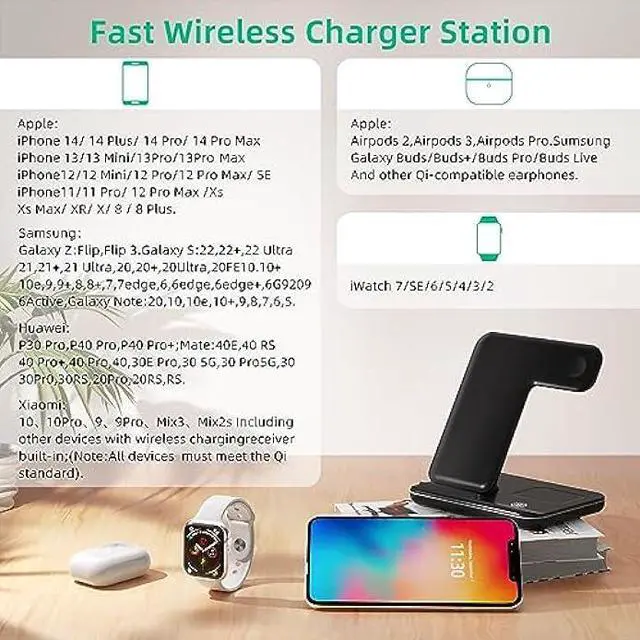 Alt view image 2 of 6 - Wireless Charger 3 in 1 Wireless Charging Station, 15W Fast Wireless iPhone Charger for iPhone 14/13/12/11/Pro/Max/XS/XR/X/8/Plus, Charger Station for iWatch S2-S7/SE, Airpods2-3/Pro, Black