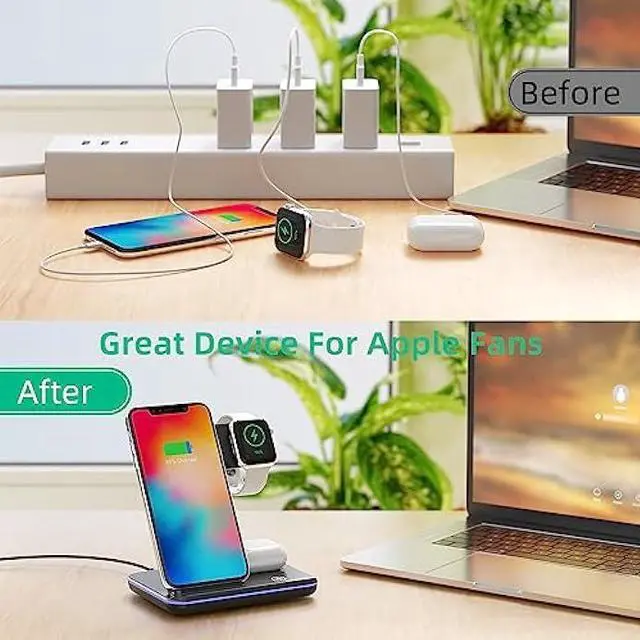 Alt view image 3 of 6 - Wireless Charger 3 in 1 Wireless Charging Station, 15W Fast Wireless iPhone Charger for iPhone 14/13/12/11/Pro/Max/XS/XR/X/8/Plus, Charger Station for iWatch S2-S7/SE, Airpods2-3/Pro, Black