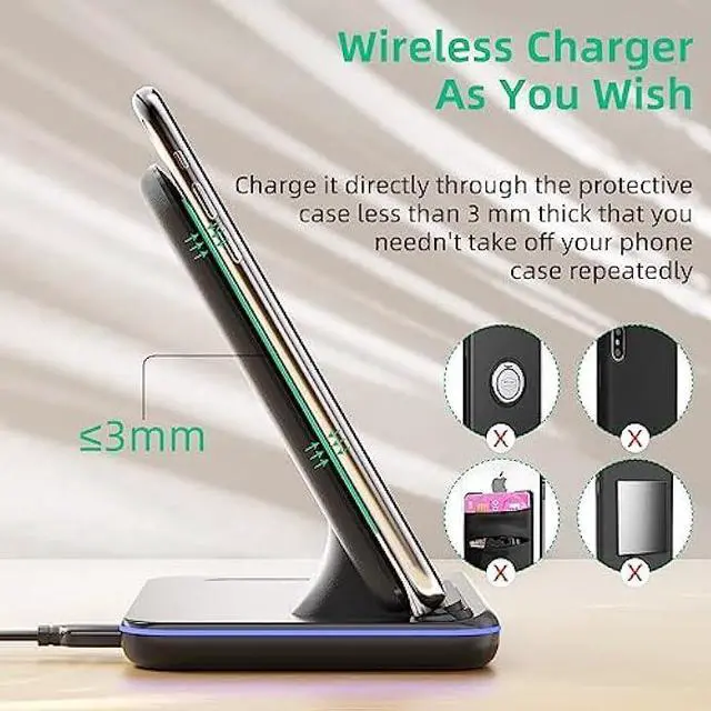 Alt view image 4 of 6 - Wireless Charger 3 in 1 Wireless Charging Station, 15W Fast Wireless iPhone Charger for iPhone 14/13/12/11/Pro/Max/XS/XR/X/8/Plus, Charger Station for iWatch S2-S7/SE, Airpods2-3/Pro, Black