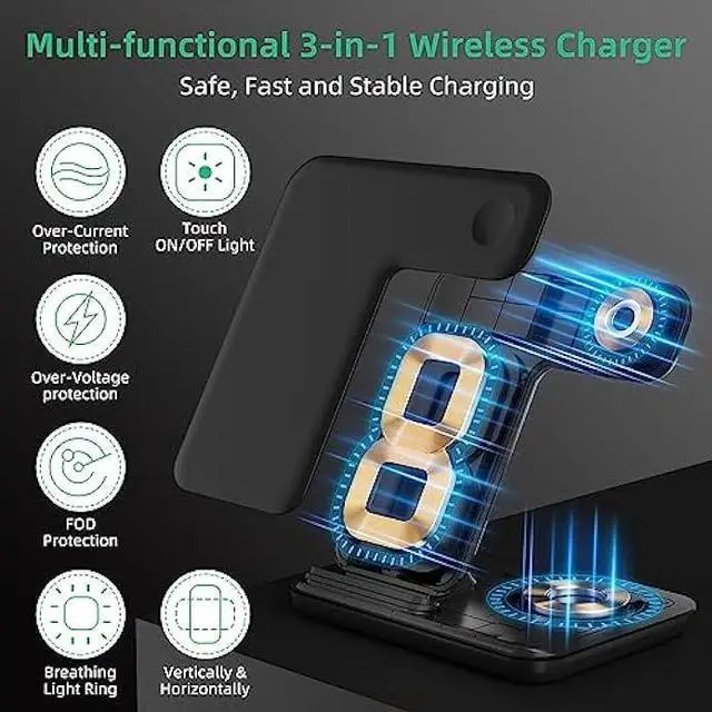 Alt view image 5 of 6 - Wireless Charger 3 in 1 Wireless Charging Station, 15W Fast Wireless iPhone Charger for iPhone 14/13/12/11/Pro/Max/XS/XR/X/8/Plus, Charger Station for iWatch S2-S7/SE, Airpods2-3/Pro, Black