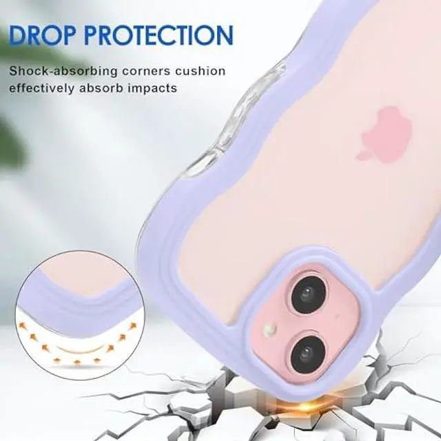Alt view image 2 of 6 - Anuck for iPhone 15 Case Wavy Edge Clear Back Design, Anti-Slip Grip Cute Wave Curly Frame Shape Shockproof Soft TPU & Hard PC Bumper Protective Phone Case Cover for Women Girls, Purple